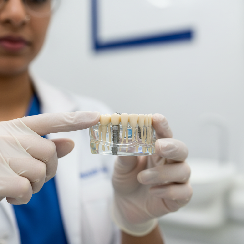 Dentist explaining denture selection and fitting process to patient