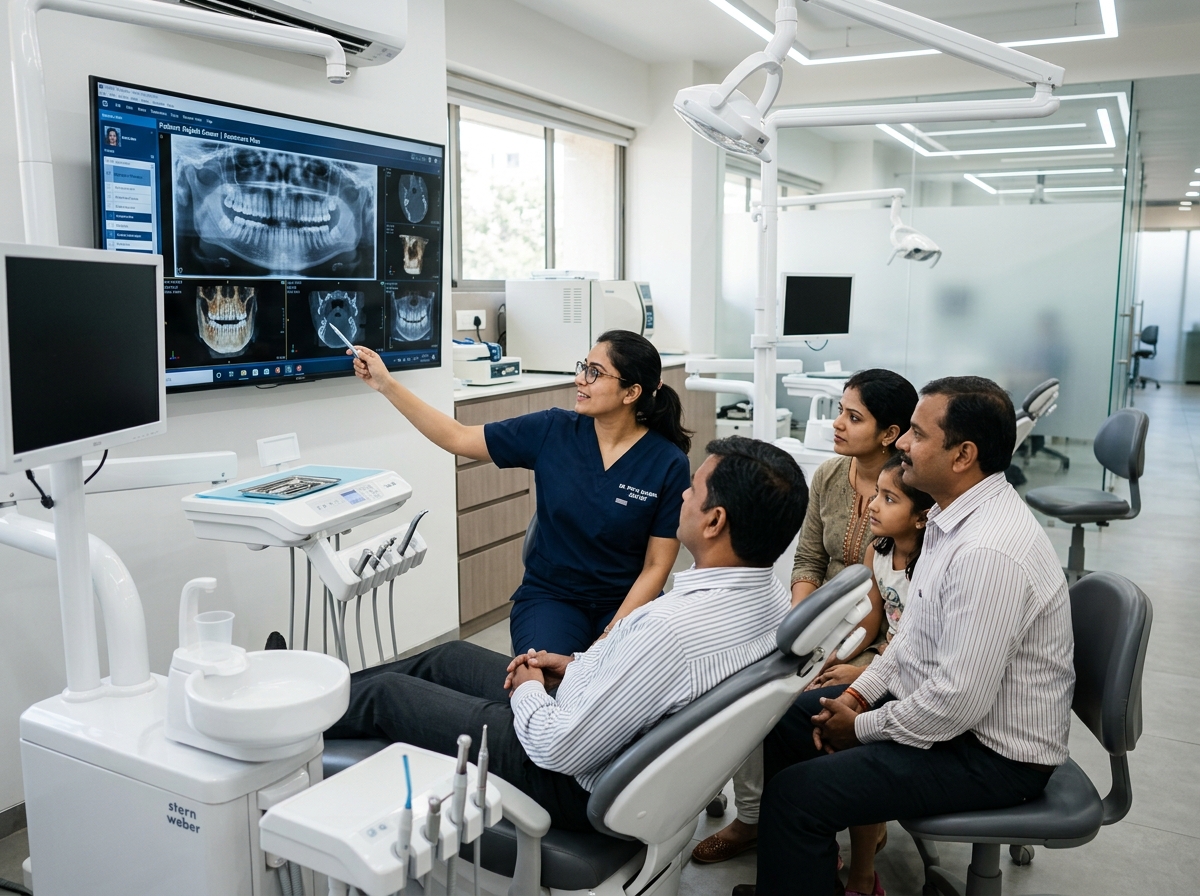 Dentist discussing dental history and treatment options with a family patient